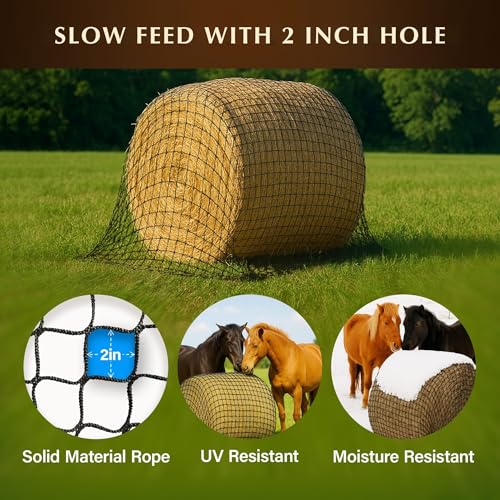 6x6 Ft Round Bale Hay Net for Horses – Knotless Slow Feeder Net with 2” Holes – Fits Up to 6x6 Round Bales or Square Bales – Helps Reduce Hay Waste – Large, Durable Hay Feeder, Year-Round Use - size: Bale Size 6x6 FT