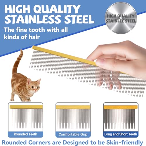 8.5 Inch Dual Tooth Pet Comb for Mats and Tangles，Professional Grooming Comb Removing Excess Hair for Long-Haired Cats and Dog Kit,Prevent Undercoat, Excess Hair,Mats and Tangles,Pet Essential - color: Gold