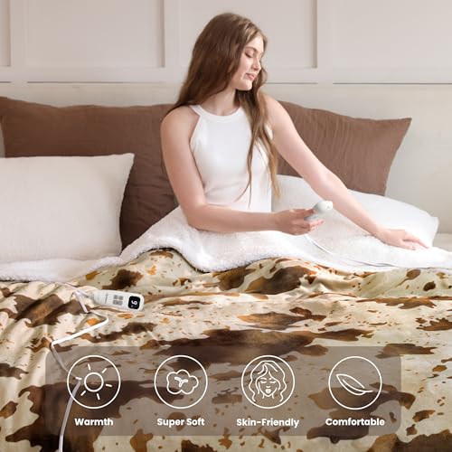 Heated Blanket Full Blanket - Fast Heating Electric Blanket, Soft Heated Throw with 4 Time Settings,10 Heating Settings, Warm Gifts for Women Mom Grandma(72" x 84" Cow Print Apricot) - color: 05 - Apricot Ombre-khaki, size: Full 72" x 84"