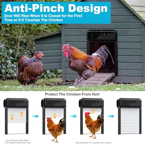 Automatic WiFi Chicken Coop Door with HD Camera, Door Status Display, Talkback Function, APP, Timer, Remote Control and Anti-Pinch, 5000mAh Battery Operated & Solar Powered Auto Chicken Door Opener