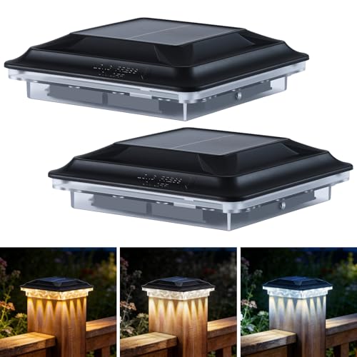Solar Post Cap Lights Outdoor Waterproof 2 Pack for 3.5x3.5 4x4 Vinyl/Wooden Fence Posts Light Solar Powered with 3000/4500/6000K 3 Modes, Deck Cap Light for Garden, Patio, Porch - size: 2 Pack