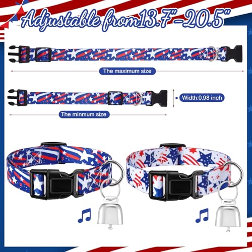2 Pack Patriotic Goat Collars with Bells, Red White Blue Adjustable Nylon Sheep Collar 13.7-20.5 in, Loud Copper Bell Grazing Collar for Goats Lambs Sheep Calves Accessories - style: Independence Day
