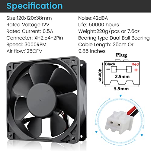 Wathai 120mm x120 x 38mm 12V 2Pin Dual Ball 12cm Industrial Cooling Fan High Airflow - style: 12V 2Pin Ball