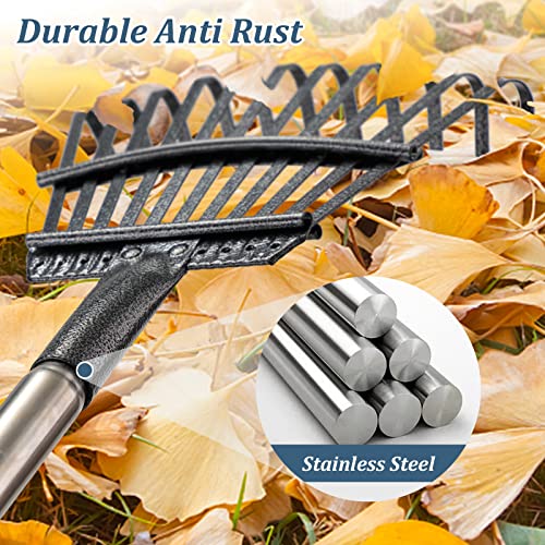 Garden Rake -Small Leaves Rakes for Gardening - 11 Metal Tines 8.5" Wide - 78" Long Handle Leaf Rakes for Lawns Heavy Duty for Yard Lawn Shrub Garden Beds - color: silver, size: 11tine