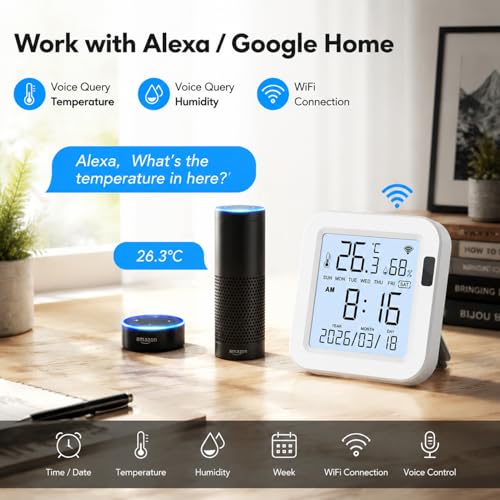 WiFi Temperature Humidity Monitor: Upgraded Smart Temperature and Humidity Sensor with Large Backlit LCD Screen & App Alerts, Indoor Thermometer Hygrometer Compatible with Alexa Google Assistant