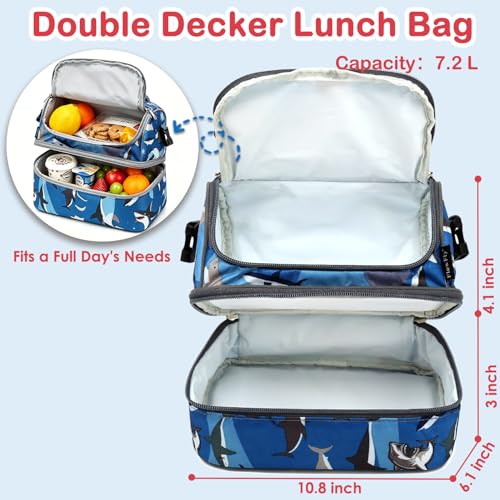 FlowFly Kids Double Decker Cooler Insulated Lunch Bag Large Tote for Boys, Girls, Men, Women, With Adjustable Strap, Shark - color: Shark