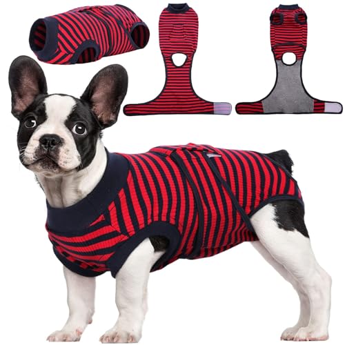 Kuoser Recovery Suit for Dogs Cats, Soft Dog Surgery Suit Female Male Spay | Professional Dog Onesie for Surgery, Substitute E-Collar & Cone, Prevent Licking Dog surgical suit Pet Neuter Suit - color: Red Stripe, size: X-small (Back:8.3-11.4'', Weight:4-7