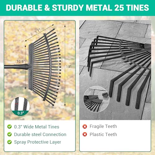 Adjustable Garden Rake for Leaves 36-73" Long Handle, 18" Wide, Heavy Duty with 25 Metal Tines ，Includes 32Gallon Leaf Bags，Designed for Lawns, Grass, Shrubs ，Flower Beds