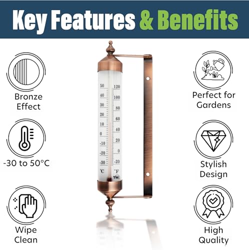 Outside Thermometer with Bronze Effect Design - Stylish 9.5 Inch Decorative Outdoor Thermometer Waterproof Suitable for Outside Wall Garden Greenhouse Patio Garage