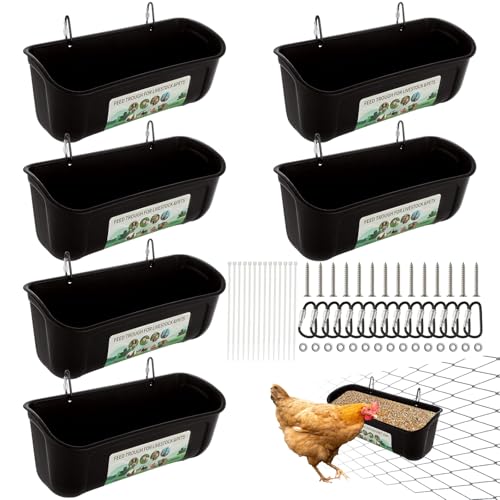 6 Pack Goat Feeders Hanging 3.5 Quart Chicken Feeder Waterer Trough, Goat Mineral Feeder Fence Feeder for Livestock Poultry, Duck, Black