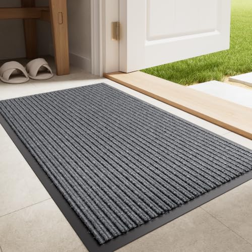 Front Door Mat Outside Entrance, Heavy Duty Doormat, 29.5”x17” | Grey Striped, Trap Dirt & Absorb Moisture, Low Profile, Non-Slip Backing, All Weather, Indoor Outdoor Welcome Mat Entryway - color: Grey Striped, size: 1'5" x 2'6"
