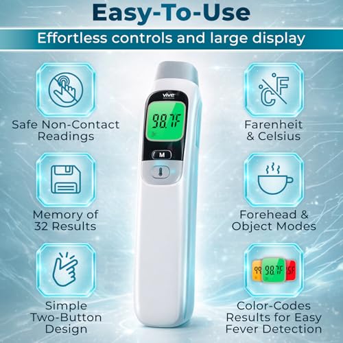 Vive No-Touch Forehead Thermometer - No Contact Infrared Digital | Thermometer for Adults, Kids, Babies, & Objects - Touchless, Accurate Temporal Fever Sensor - Fast, Memory Recall, Large