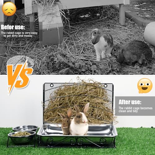 3 In1 Rabbit Hay Feeder with Litter Box Metal Bunny Feeder | Bunny Litter Box, Hay Feeding with Water Food Bowls, Litter Box For Guinea Pig Rabbit Chinchillas Small Animals