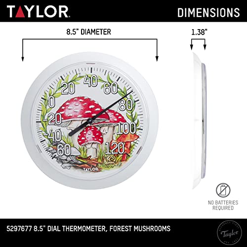 Taylor Forest Mushrooms Indoor Outdoor Dial Thermometer, Wireless Thermometer with Easy to Read Numbers for Patio, Pool, Garage and Indoor Areas, 8.5-inch, White - style: Forest Mushroom