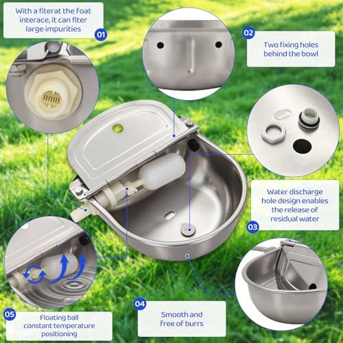 304 Stainless Steel Automatic Water Bowl for Dogs,Chickens& Livestock | 2.5L Auto-Fill Float Valve Waterer for Horse & Poultry,Outdoor Self-Filling Water Dispenser with Drain Hole ,2 Float Valve