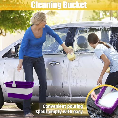 Collapsible Bucket with Handle for Mop Windows Cleaning,3 Gallon | Silicone Square Wash Bucket for Car Washing | Cleaning Supplies Organizer Plastic Water Bucket for Storage - color: Purple