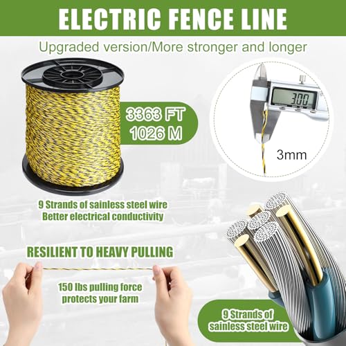 10 Mile Electric Fence Kit for Livestock, 3 Joule 12KV Fence Charger with LED Display, 3366 ft 9-Strand Polywire, 60 Insulators & Ground Rods, AC/DC Fencing System for Horse Cattle Pasture