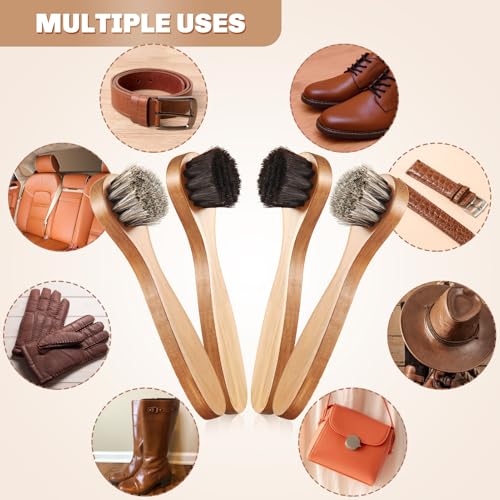 4 Pcs Horsehair Shine Shoes Brush Kit Polish Dauber Applicators Cleaning Leather Shoes Boots Care Brushes Suede Cleaner Brush with Microfiber Shoe Cloth(Wooden Handle B) - style: Wooden Handle B