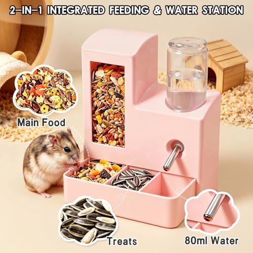 Hamster Water Bottle Feeder, No Drip 2-in-1 Dispenser | 5.51 x 4.33 x 6.49 Inch compact design with hamster water dispenser, hamster food bowl and cage accessories for small pets. - color: Pink