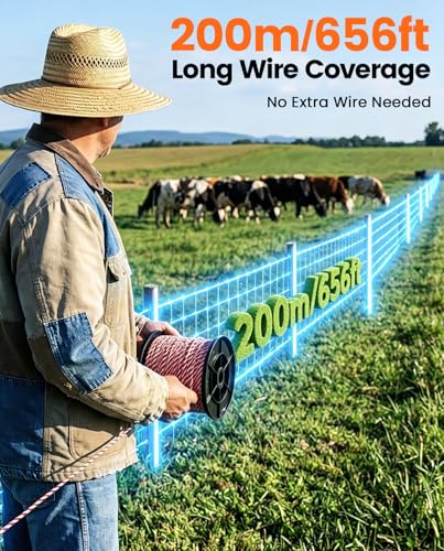 Electric Fence Polywire Kit, 200m/656FT with 50 Insulators & Tool | 6 Stainless Steel Conductors, Weather-Resistant Materials, Fast Fence Setup for Farms, Pastures & Gardens - size: 656ft/200m