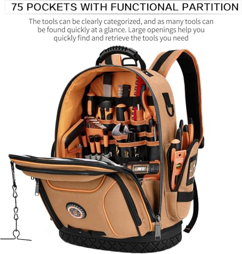 LOKASS 18.1-Inch Heavy-Duty Tool Backpack, 75 Pockets, Brown | 110 lbs Load Tested, 1680D Tear-Resistant Fabric, Removable Tool Panel, Combination Lock, Electricians, HVAC Pros - color: Brown
