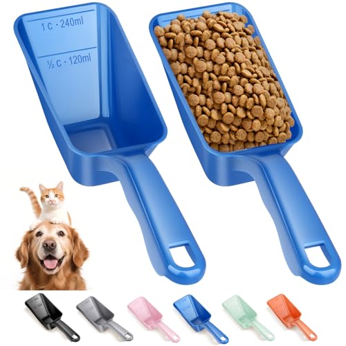 2-Pack Dog Food Scoop 1 Cup, Plastic Pet Food Measuring Scoop With Measuring Lines (1/2 & 1 Cup Markings) for Dogs, Cats, Fish, Bird（Blue) - color: Blue
