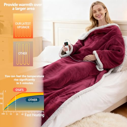 Wearable Heated Blanket With Sleeves & Foot Pocket, Heated Throw Blankets Fast Heating Blanket With 10 Heat Settings Auto Shut Off Over-Heat Protection-Warm Gift, Machine Washable, 52”*72”+18” - color: Red