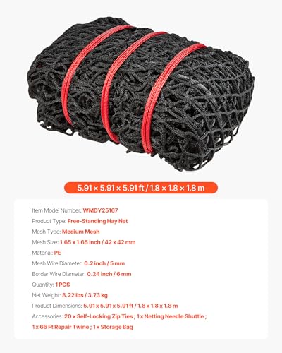 VEVOR Round Bale Hay Net, 5.91 x 5.91 x 5.91 ft, 1.65 inch Holes, PE Material, Knotless Design, with Zip Ties, Needle Shuttle, Repair Twine and Storage Bag, Slow Feeder Round Bale Net for Horses - size: 5.91 x 5.91 x 5.91 ft