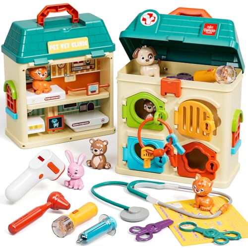Lehoo Castle Critter Clinic with Key, Pretend Play Doctor Toys for Kids 3-5 | Vet Playset for Toddlers, Animal Hospital with 4 Rooms, 4 Matching Keys, 4 Pets, Medical Accessories, Preschool Toys