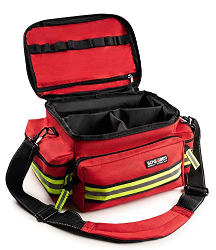Scherber First Responder Fully-Stocked Professional Essentials EMT/EMS Trauma Kit | HSA/FSA Approved | Reflective Bag w/8 Zippered Pockets & Compartments & 200+ First Aid Supplies - Red - color: Red