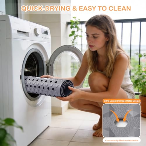 Yimobra Bathtub Mat Non Slip, 27.5"X15.5" Machine Washable Shower Floor Mat, Soft on Feet, Bathmat with Drain Holes and Suction Cups, Bathroom Essentials, Grey - color: Grey, size: 27.5 X 15.5 Inch