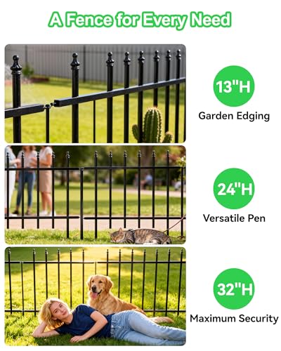12-Panel Wrought Iron Garden Fence, 24in H x 24ft L, Thickened Hollow Iron Tubes, Multi-Purpose Metal Fence for Dogs, Gardens & Patio - size: 12 Pack - 24in(H) x 24Ft(L)