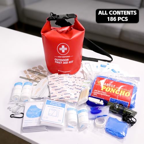 Waterproof First Aid Kit 186 Pcs Survival Gear, Portable Small Boat Dry Bag Bug Out Bags, Emergencies Medical Kit Ideal for Boating, Fishing, Hiking, Camping, Kayaking (Red) - color: Red
