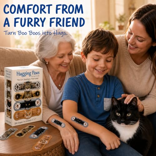 Hugging Paws – Cat Themed Bandages from Hug-a-BooBoo, The Friendly Kitty Bandages that Hug! Beautiful Wound Coverings Feature Paintings of Actual Rescue Cats! Great Cat Lover Gift! 24 Count Box - size: 24ct, style: Cats