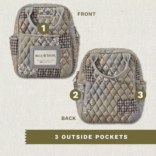 Bella Taylor Lunch Tote, Quilted Lunch Bag, Khaki Patchwork | Lightweight quilted cotton lunch box, easy-to-clean PEVA lining, 3 outside/1 inside pocket, durable construction - color: Khaki Patchwork