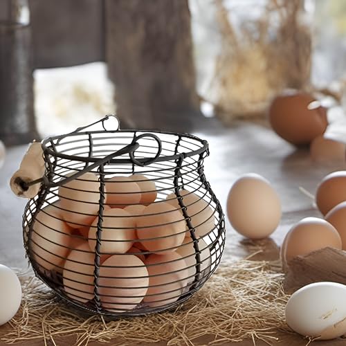 LINCOUNTRY. Farmhouse Wire Egg Baskets for Gathering Fresh Egg With Handle | Famhouse vintage rustic Round Metal Chicken Egg Collecting Basket Countertop Holder Vintage Style for Kitchen