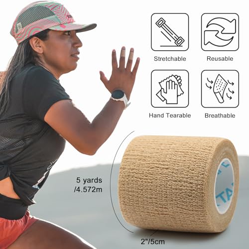 OK TAPE Self Adherent Cohesive Bandages Wrap 24Packs 2" x 5 Yards | Non-Woven Self Adhesive Athletic Sports Wrap Tape Vet Wrap Bandages Tape for Thumb Finger Wrist Ankle (Beige) - color: Beige, size: 2 In x 5 Yards