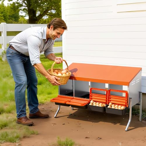 VEVOR Chicken Nesting Boxes, 4 Compartments, with Support Legs, Easy Egg Collection, Galvanized Steel and High-Strength Plastic, Roll Away Nesting Boxes for Chickens and Hens Laying Eggs, Orange - size: 41.7"L x 20.7"W x 26.6"H