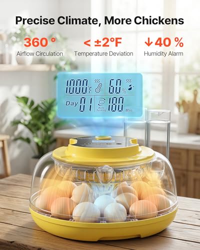 VEVOR 18 Egg Incubator, Automatic Egg Turner with LED Candler, Temperature & Humidity Control, 360° View Clear Window, Auto Water Refill, Poultry Eggs Incubators for Hatching Chicks Ducks Goose Quail | for Hatching Chicks Ducks Goose Quail, LED Candler, T
