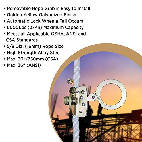 AFP Self-Locking Rope Grab with 2.25 inch Connecting Eye, used with 5/8’’ Lifeline Rope, For Construction, Climbing, Fall-Protection, 310 lb. Capacity (OSHA/ANSI Compliant) - color: Gold
