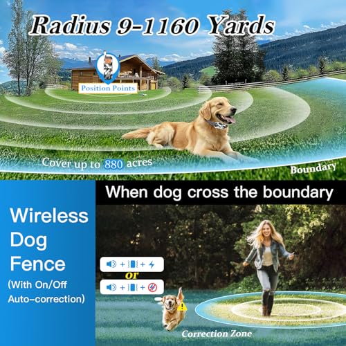 Htcuto GT1 Wireless Dog Fence for Dogs, 3500ft Outdoor Electric Dog Fence with 6100ft Remote Dog Training Collar, No Subscription, Ultrasonic/Vibration/Shock, Waterproof, 2-Dog System