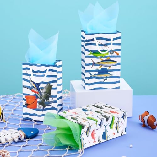 WERNNSAI 16 PCS Gone Fishing Party Goodie Bags | Gone Fishing Birthday Supplies, Fishing Candy Gift Bags with Handle for Boys Little Fisherman, Paper Treat Favor Bag - color: Blue and White