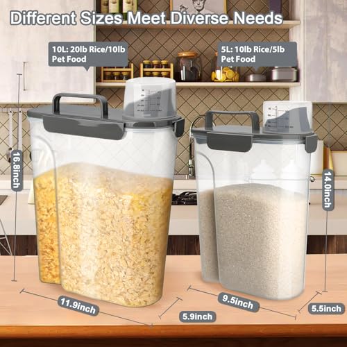 Komzon Rice Storage Containers, Airtight Cereal Containers Storage, BPA Free Rice dispenser for Flour, Pasta, Grain and Baking, Pet Dog Cat Bird Food Container 20lb+ 10lb Grey - color: 20lb+10lb Grey