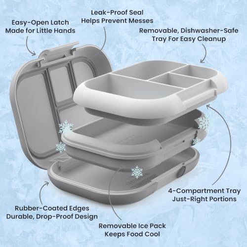 Bentgo Chill Kids 4-Compartment Bento Box Leakproof Lunch Box | Built-In Ice Pack, 3.3 Cup Capacity, BPA-Free, Microwave & Dishwasher Safe Tray, Ideal for Ages 3–7 (Gray) - color: Gray