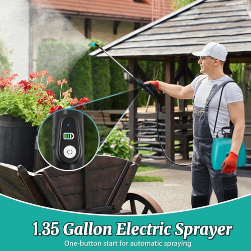 1.35 Gallon Battery Powered Sprayer, Electric Pump Sprayer in Lawn & Garden | USB Rechargeable Handle, 3 Mist Nozzles, Retractable Wand, Yard Sprayers with Adjustable Shoulder Strap for Yard, Garden - color: Blue-green, size: 1.35 Gallon