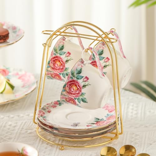 15 Piece British Bone China Tea Cup Sets, Elegant red Rose Pattern, Cups and Saucers Service for 4, with Teapot Sugar Bowl Cream Pitcher Teaspoons for Tea/Coffee, Gifts Set for Adults. - color: White and Red
