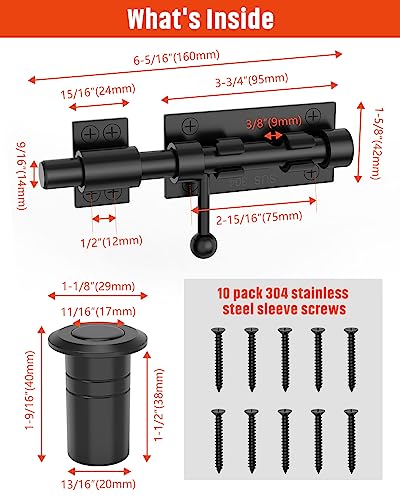 Heavy Duty Slide Bolt Gate Latch Hardware, 6.3 Inch, Black-2PCS | Solid 304 Stainless Steel Latches Electroplating Finish, Barrel Bolt Lock for Wooden Fence, Interior, Yard/Barn/Shed Door - color: Black - 2 Pack