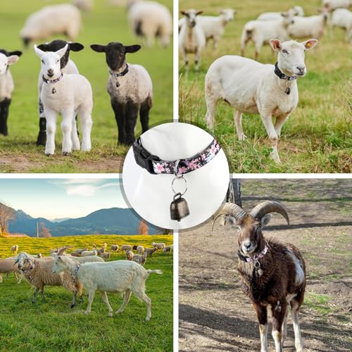 2 Pack Goat Collars with Bells, Pink/Black Floral Adjustable Set | Adjustable Nylon Collar & Sheep Grazing Copper Bells for Small Farm Animal Sheep Calf Cow Accessories(13.7"-20.5") - color: Pink Printing + Yellow Printing