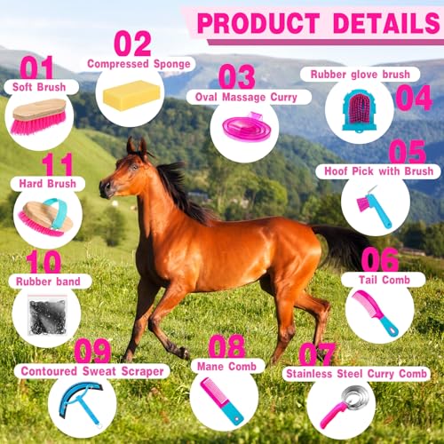 Abbylike 12 Pieces Horse Grooming Kit Racing Festival Tack Room Supplies Horse Brush Sets Equine Care Cleaning Kit Shedding Grooming Massaging Tools(Rose Red) - color: Rose Red