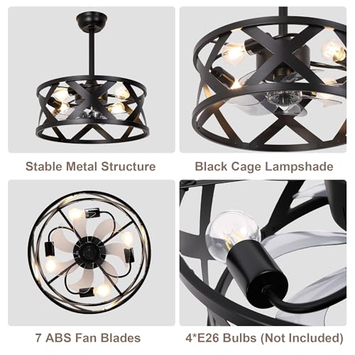 20" Black Caged Ceiling Fan with Lights Remote Modern Fandelier | Industrial Chandelier Light, Reversible DC Motor 6 Speeds for Bedroom Nursery Living Room, 4 E26 Bulbs (Not Included) - color: Black Metal Cage
